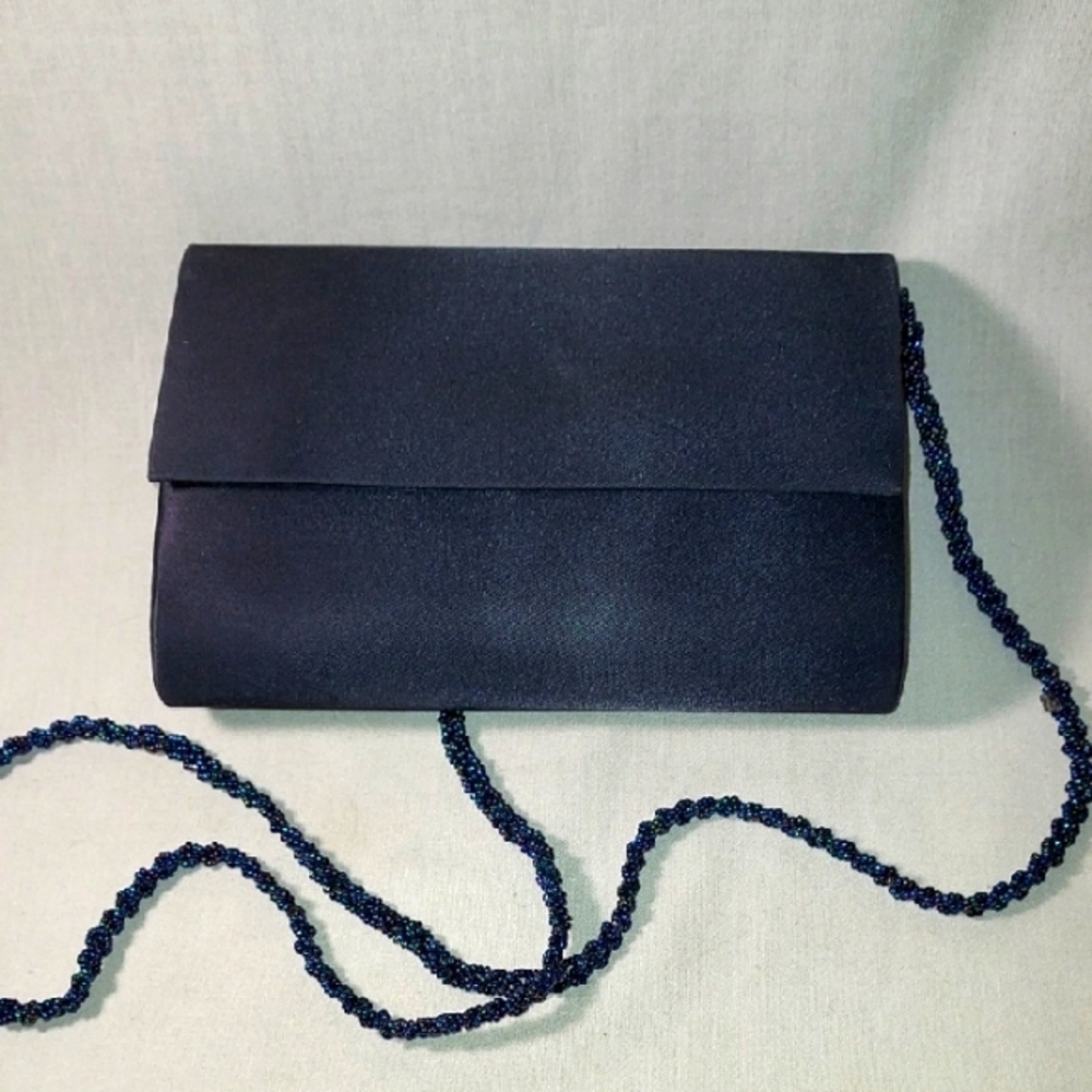 Navy Blue Elegant Clutch Purse with Beaded Shoulder Strap